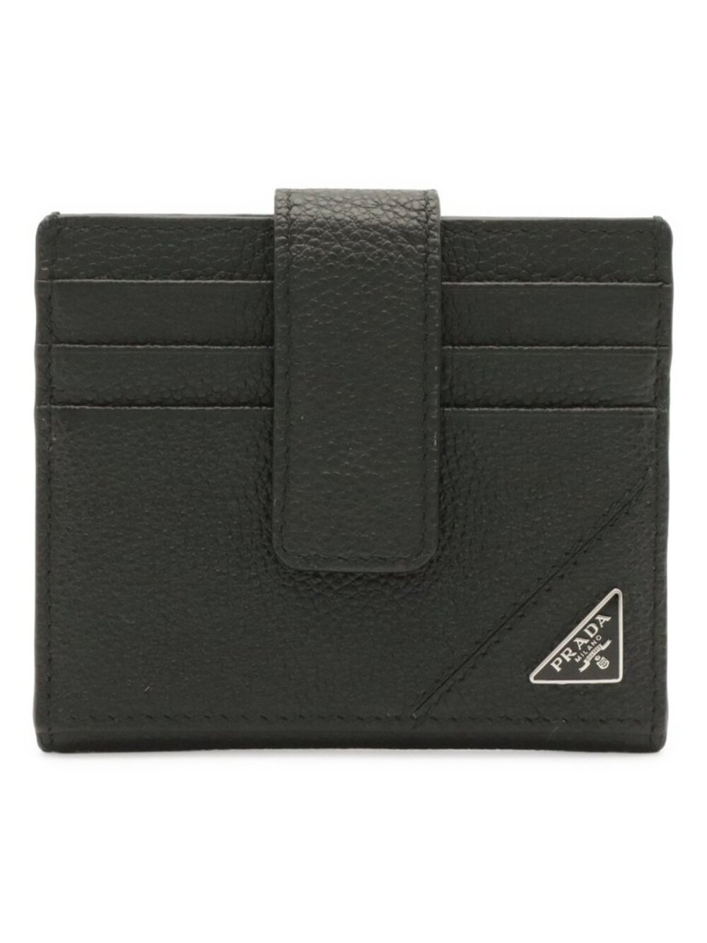 Prada Triangle Logo Card Case Business Holder Leather Nero Black Silver
